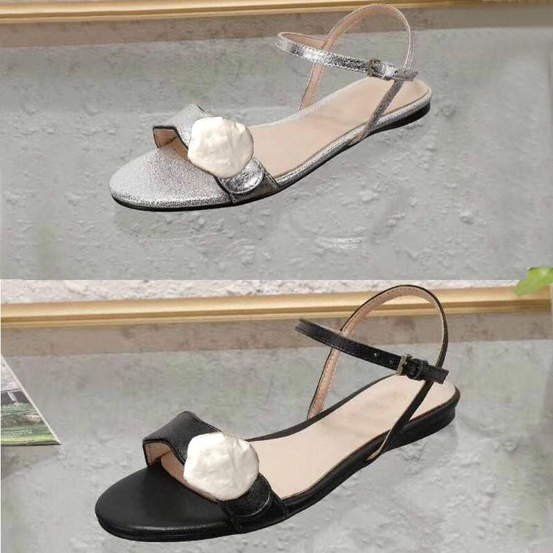 

Hot Sale-shoes classic ladies sandals buckle metal leather flat beach slippers Designer woman sandals large size, Black cow leather