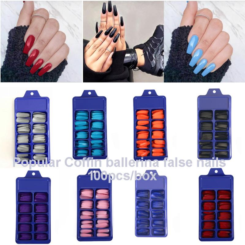 

100pcs/Box Hot Sell Full Cover Long Coffin Ballerina False Nails 3D DIY Shiny Color Nail Art Manicure Tips Dropshipping, 24pcs tip blue