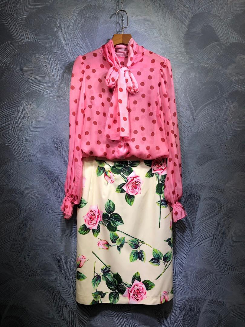 

2020 Spring summer women' high quality 100% silk polka dot Shirts+floral print skirts two piece set B403, As picture