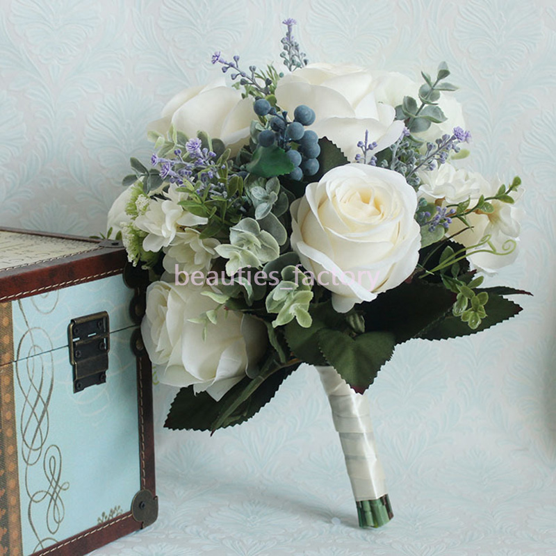 Acheter 26cm Soie Bouquet De Mariage Mariée Blanc Bleu Rose Artificielle Avec Des Fournitures De Mariage De Ruban Fille De Fleur Bouquet B346 De