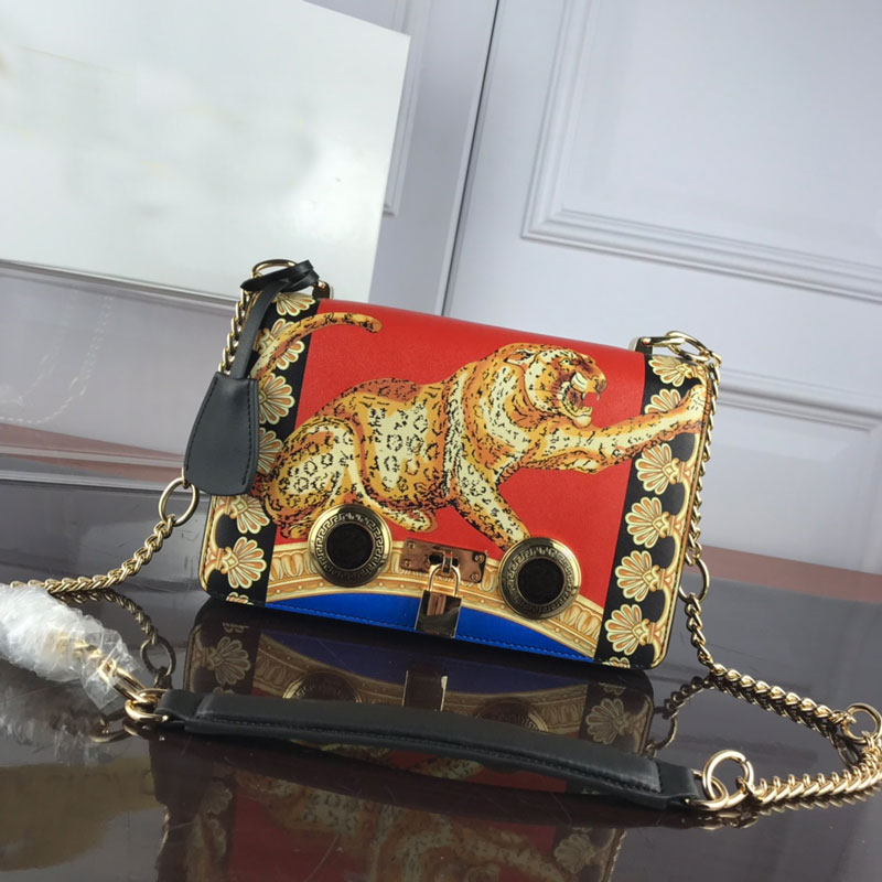 

Handbag Chain Shoulder Bag Genuine Leather Lady Small Square Bags Printed Contrasting Color Fashion Top Quality Cowhide Hardware Lock, Red