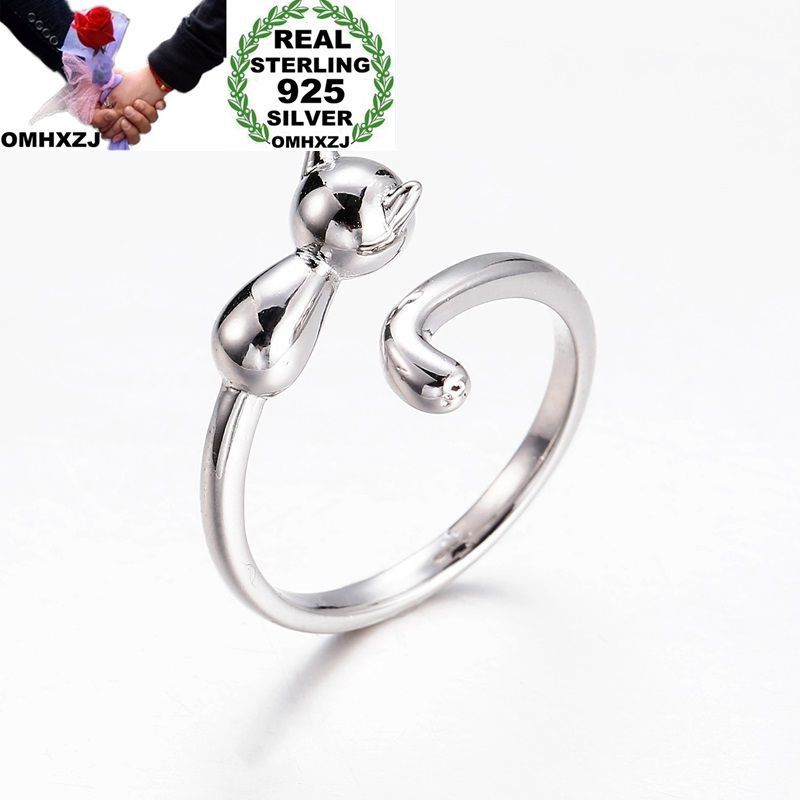 

OMHXZJ Wholesale European Fashion Woman Girl Party Wedding Gift Silver Cute Cat Open 925 Sterling Silver Ring RR282