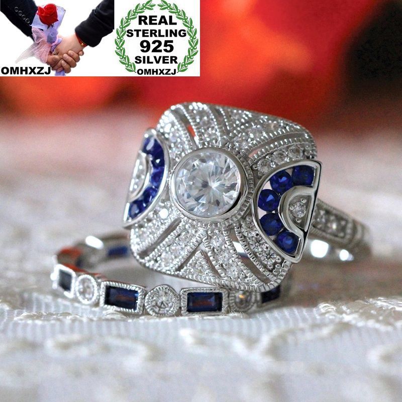 

OMHXZJ Wholesale European Fashion Woman Man Party Wedding Gift Square White Blue 925 Sterling Silver Ring Set RR56