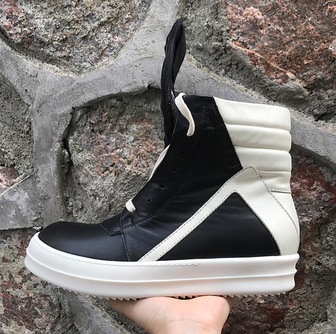 

High top TPU sole geo-basket genuine leather rock street boots trainer flats black and white shoes