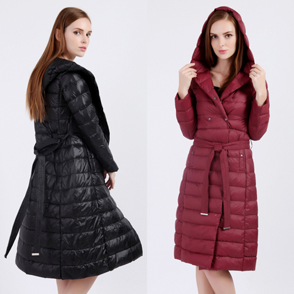 

Women Long Down Jackets 2019 New Winter Warm Hooded Coats Double-Breasted White Duck Down Outerwear Slim Fit Overoats with Belt, Black