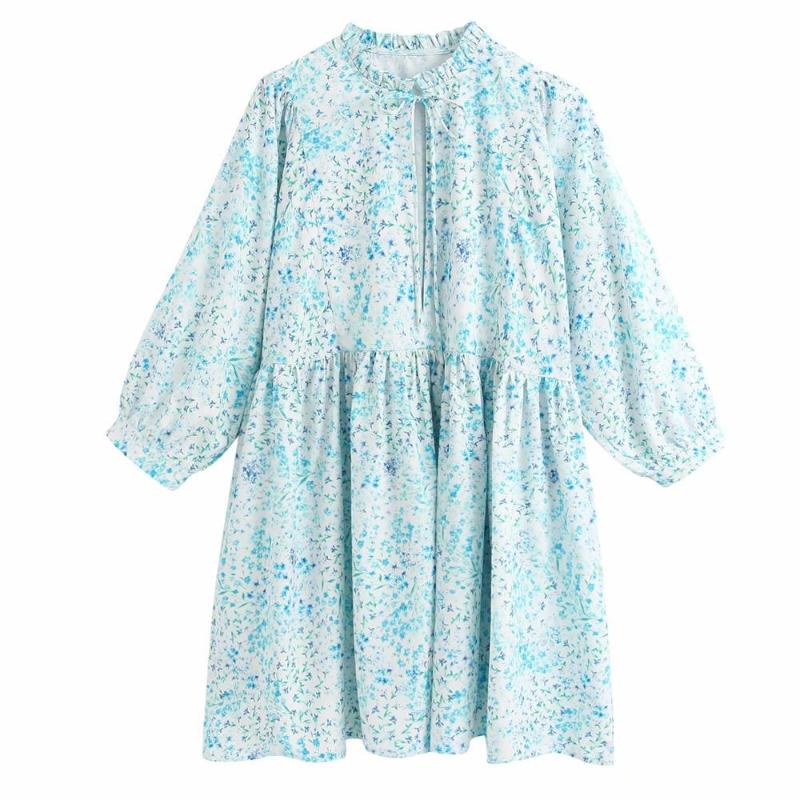 

New Women Sweet Agaric Lace Ruffled Collar Print Casual Mini Dress Lady Stylish Lantern Sleeve Vestido Chic Brand Dresses, As pic