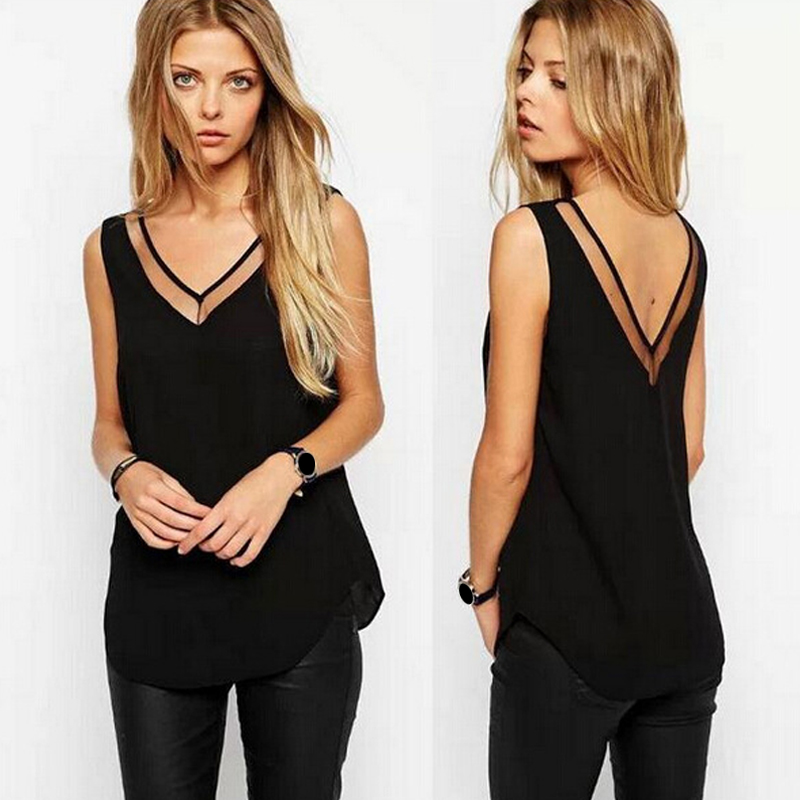 

Women Chiffon Shirt Solid Color Casual Sleeveless Blouse 2020 Summer Tops Fashion Clothes for Women V neck Blusas feminina, White