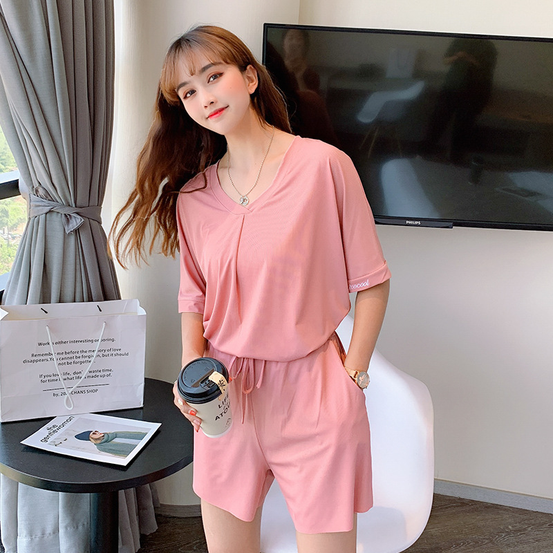 

Loose cotton Pajamas Suits women 2020 Summer New Casual Fashion Women's casual Tops+shorts Two-Piece Set Female home wear sleep, Black