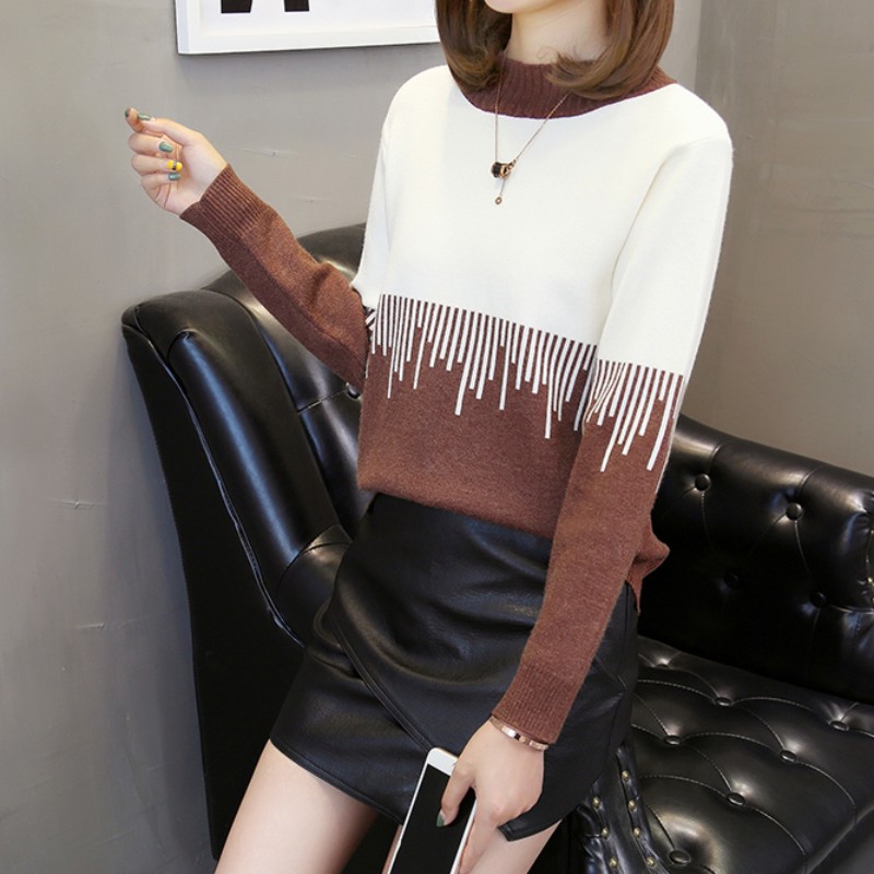 

Half-high collar pullover women's autumn and winter new long-sleeved loose sweater Korean version of the color matching sweater bottoming, Black
