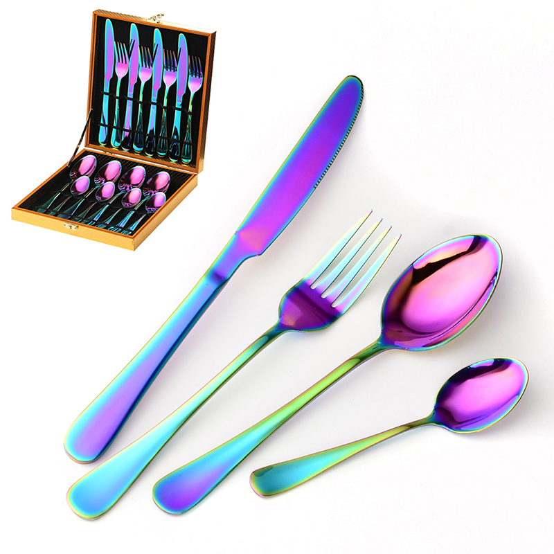 

Rainbow Colorful Gold-Plated Stainless Steel Cutlery Spoon Four-Piece Set For Hotel Tableware Gift Party Supplies With Luxury Wood Gift Box