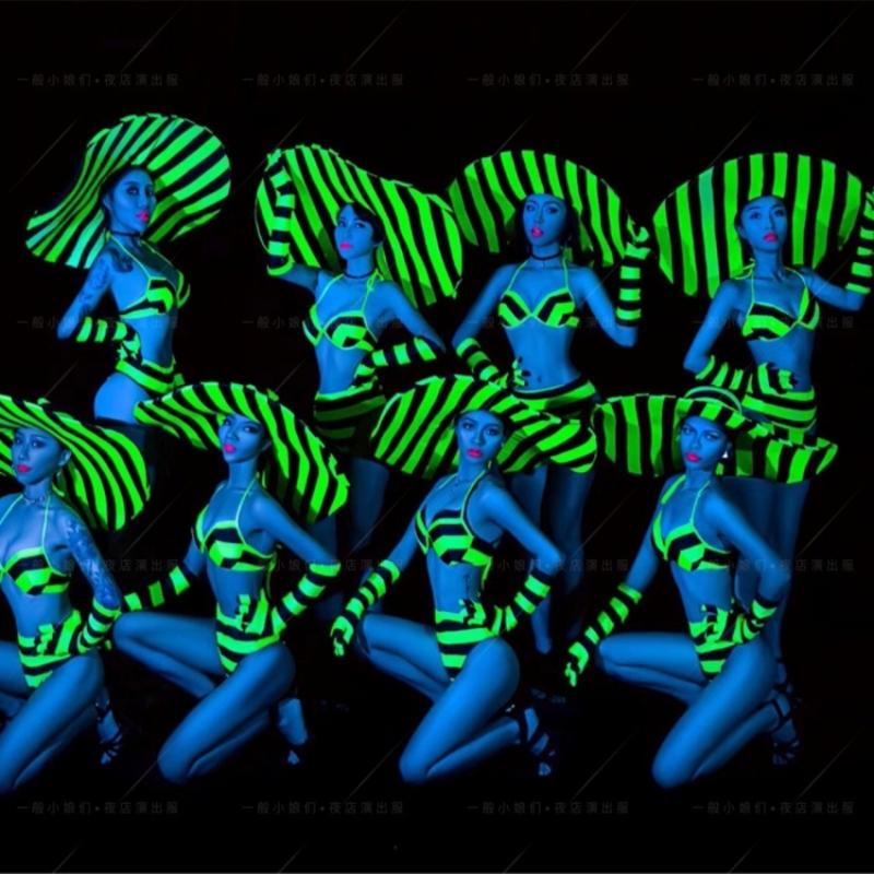 

Nightclub Fluorescent Bikini Zebra Pattern Suit Gogo Party DJ Female Singer Bar Performance Costume Beyonce Stage Clothes, Blue