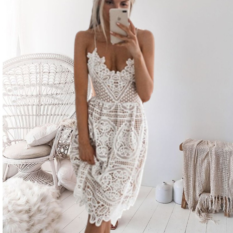 

Sexy Party Dress Women Summer Deep V Neck Backless Lace Dresses Fashion Sleeveless Halter Bandage Midi Dress, White