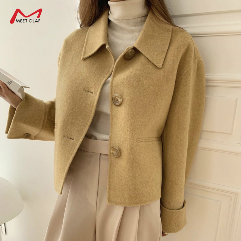 

New Autumn Winter Women Short Woolen Coat Yellow Lapel Single Breasted Long Sleeve Loose Jacket Casual Outwear CA6566