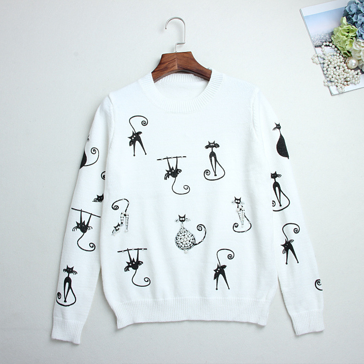

New round neck hedging outer wear base wild cat embroidery beaded diamond sweater thin sweater women autumn and winter, Nail bead ytzr black