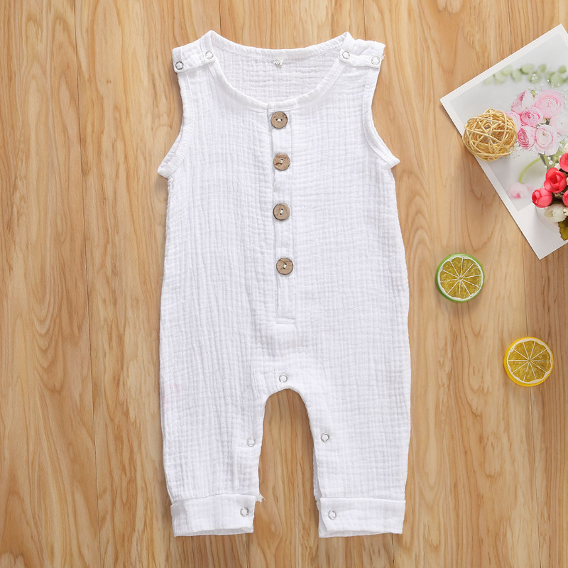 

Summer Toddler Baby Girl Romper Solid Color Sleeveless Button-Down Button Closure Vertical Striped Jumpsuit Romper