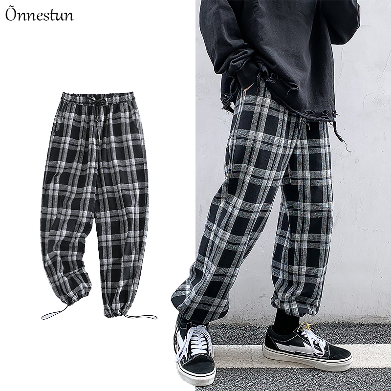 

Onnestun Plaid Pants Men New Causal Lattice Joggers Hip Hop Trousers Sport Men Cargo Pants Harajuku Streetwear, Black