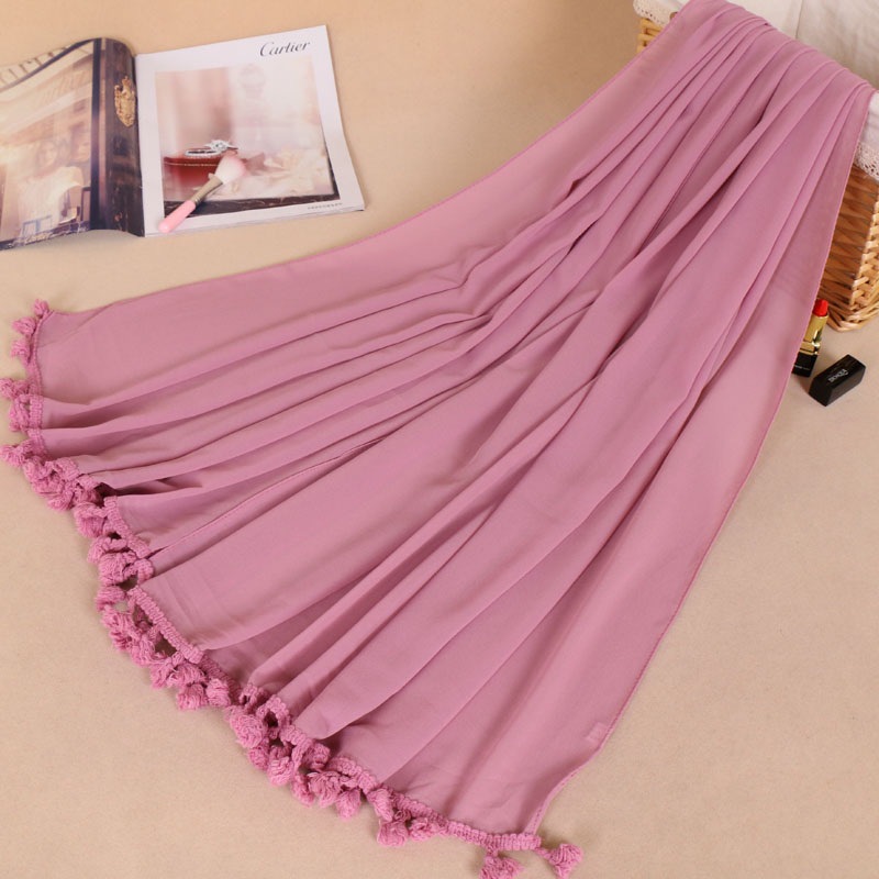 

Pearl Chiffon Tassel Headscarf Women's Scarf Wholesale Islamic Solid Color High Quality Muslim Hijab Femme Soft Shawls Wraps