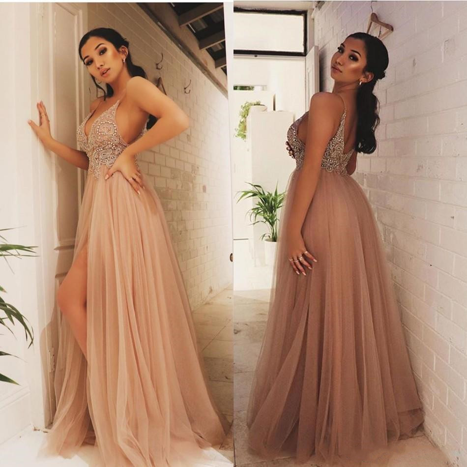 2020 High Split A-Line Prom Dresses Beaded Pearls Sexy V Neck Tulle Backless Evening Gowns Formal Cocktail Party Dress