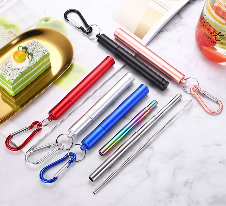 

Colorful Portable Reusable Folding Drinking Straws Stainless Steel Metal Telescopic Foldable Straws with Aluminum Case Cleaning Brush FY6040