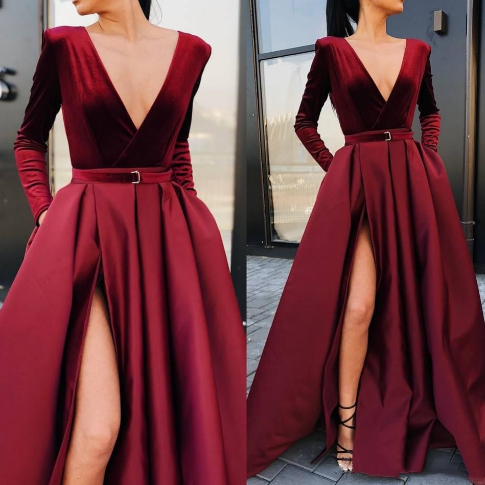 

2019 Deep V Neck Satin Prom Dresses A Line Long Sleeves Velvet Ruched Evening Dresses Split Floor Length Formal Party Evening Dresses, Black