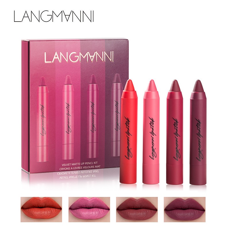 

Langmanni 4pcs/lot Matte Lipstick kit Waterproof Sexy Pigment Velvet Soft Nude Lip Pencil Red Tint Batom Labiales Makeup Set, A set 4pcs