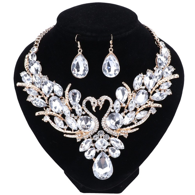 

New Fashion Luxury Multicolor Crystal Double Swan Statement Necklace Earring For Women Party Wedding Jewelry Sets, Customize