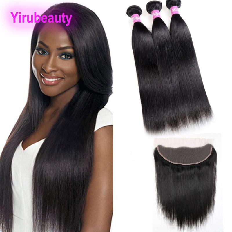 

Malaysian Human Hair 3 Bundles With 13X4 Lace Frontal Pre Plucked Silky Straight Bundles With Lace Closure With Baby Hair Ear To Ear, Natural color