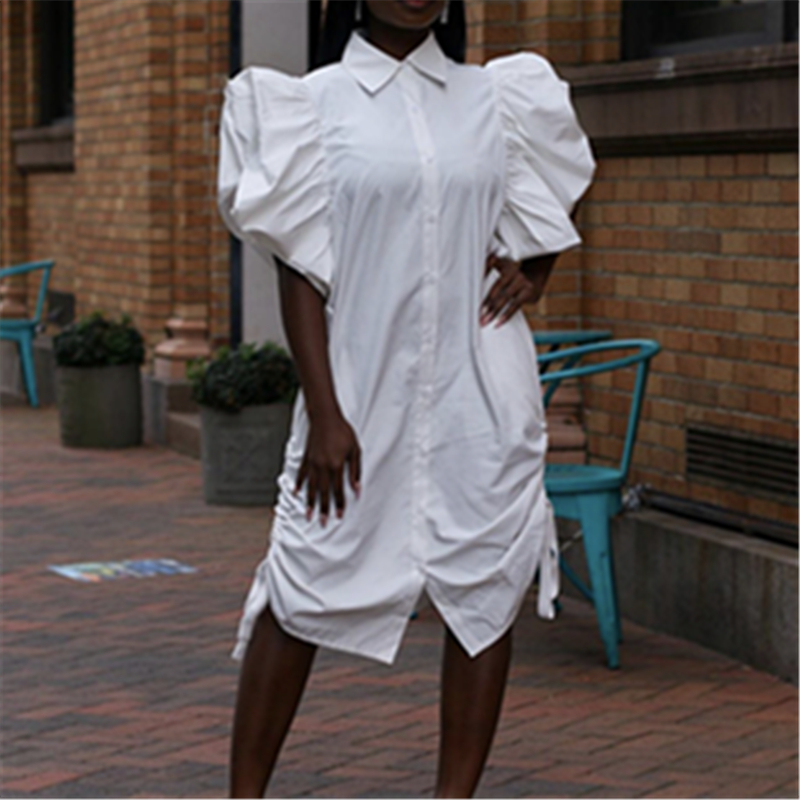 

White Shirt Dress Women Casual Short Puff Sleeves Button Up Pleated Loose Summer Female Robes Tunics Plus Size XXL Drop Shipping