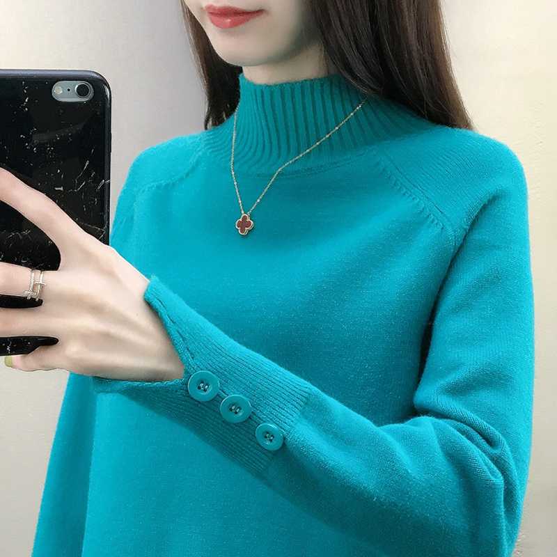 

shintimes Turtleneck Knitted Sweater Autumn Winter Sweaters Women Pullover Button Long Sleeve Women Sweater Womens Clothing, Beige