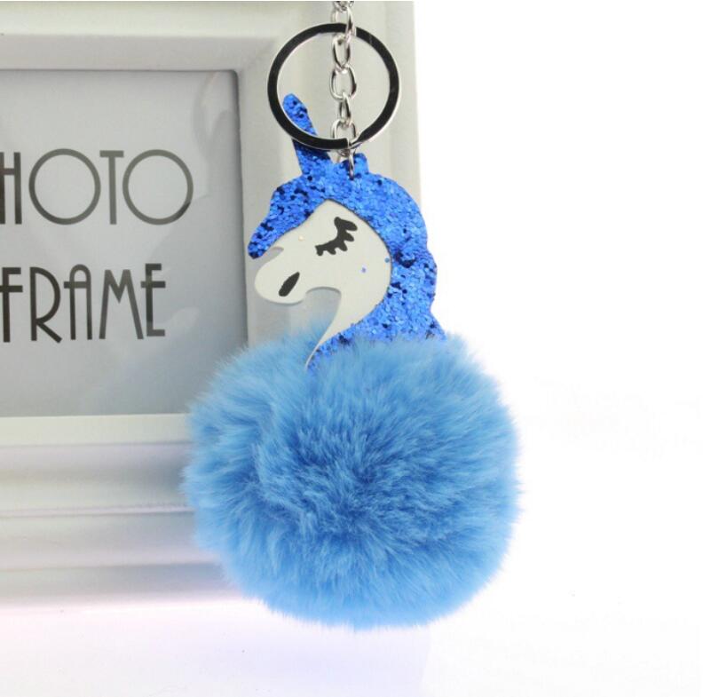 

Unicorn pompom Keychain Rabbit fur ball Fluffy key chain Horse porte clef pompom de fourrure Car Keyring Sequins Unicorn Keychains