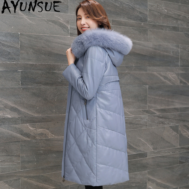 

AYUNSUE Genuine Sheepskin Coat Female Fur Collar Down Jacket Winter Jacket Women Real Leather Korean Long Coats MY, Black