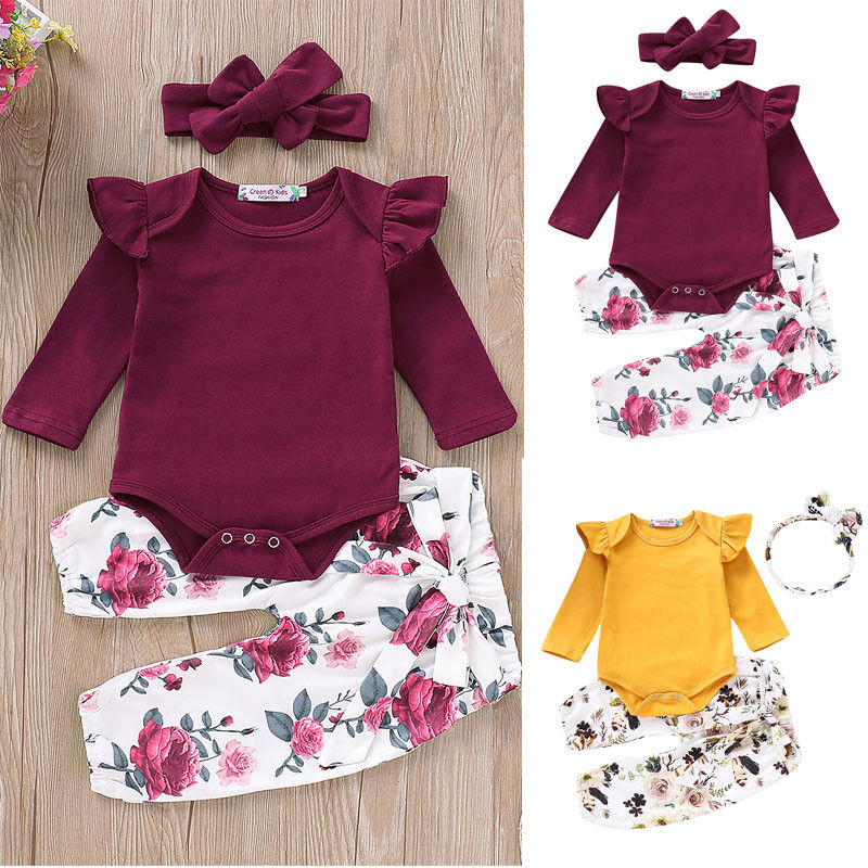 

Toddler Kids Baby Floral 3pcs Ruffles Clothes Sports Jumpsuit Romper Pants Headband Outfit Set, Yellow