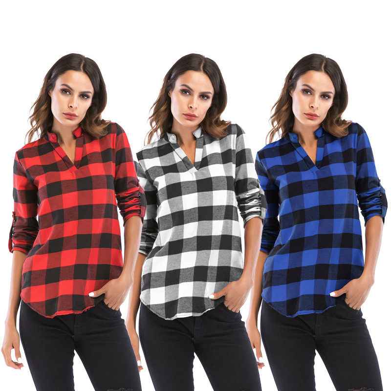 

Women Blouses Long Sleeve V-neck Casual Plaid Shirt Plus Size Ladies Streetwear Tops Spring Casual Chiffon Shirts Female, Blue