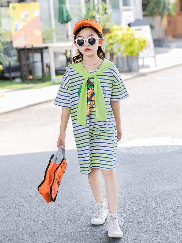 

Girls' dress summer dress 2020 new children's summer air stripe big children's casual school style, Green