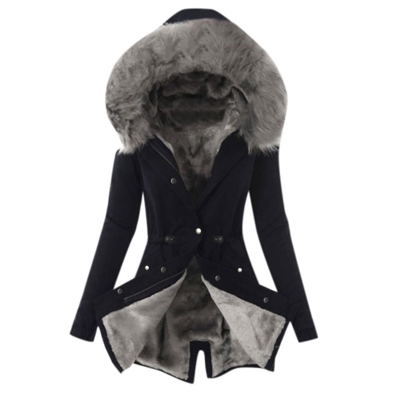 

Ladies Overcoat Fur Lining Coat Womens Winter Warm Thick Long Jacket Hooded Overcoat Slim Casual Long Warm Coat New Hot, Black