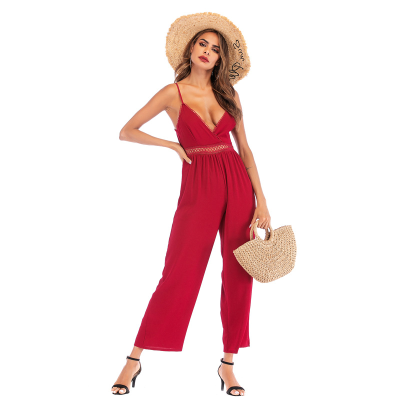

2020 Red Strap Jumpsuits Bow Lacing Backless Bandage Deep V-Neck High Waist Loose Long Pants Sexy Party Lace Jumpsuits Ladies