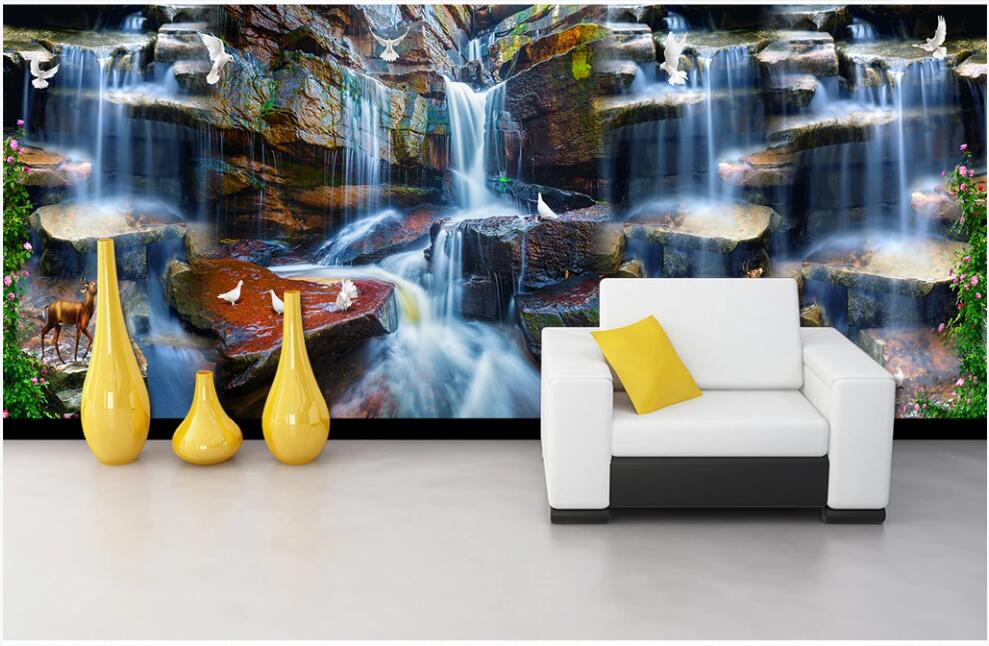 

WDBH 3d wallpaer custom photo mural Flowing water waterfall elk dove flower vine TV background decor living room wallpaper for walls 3 d, Non-woven