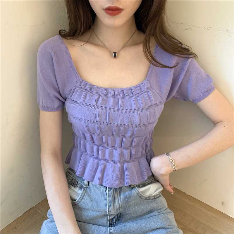 

solid square collar ruffles cropped T-shirt new female students short sleeve thin knit tshirts crop tops for woman 2020 summer, Black