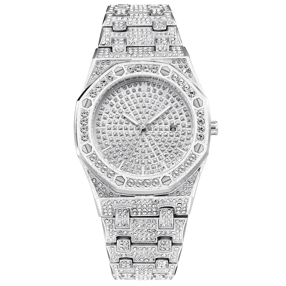 

Bling Diamond Watch For Men Iced Out Luxury Mens Quartz Watches Man Dress Wristwatch Silver Stainless Steel Hot Fashion Relogio Masculino, Slivery;brown
