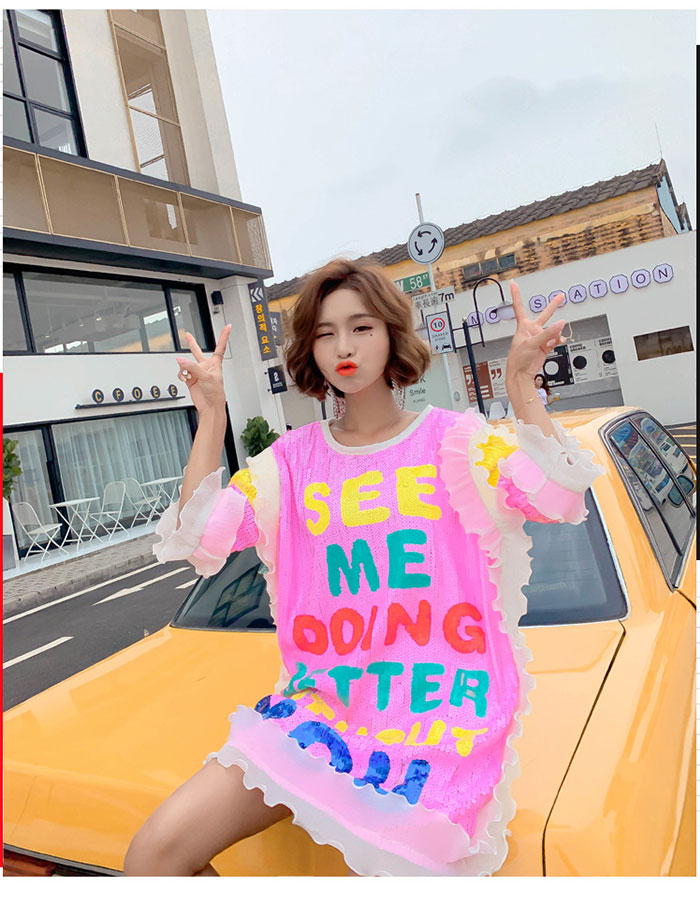 

print 2019 Summer ruffle chic dresses women sequins patch butterfly sleeve dresses fashion Women's Tshirt Dress Plus Size Vestidos, Same as picture
