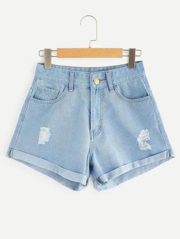 

Middle Waist Crimping Denim Shorts Women 2020 Casual pockets Hole Burr jeans lady short pants Feminino Chic Hot Ladies Bottom, Light blue