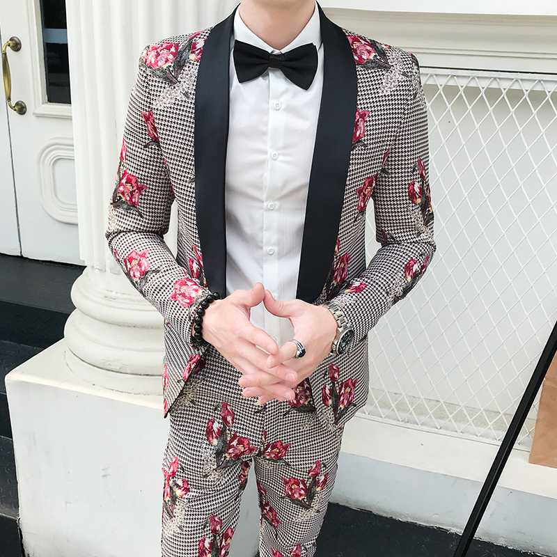 

2020 Autumn Plaid Flowers Suits Mens Night Club Outfits Social Fancy Stage Costumes For Singers Men Korea Colthes, Red