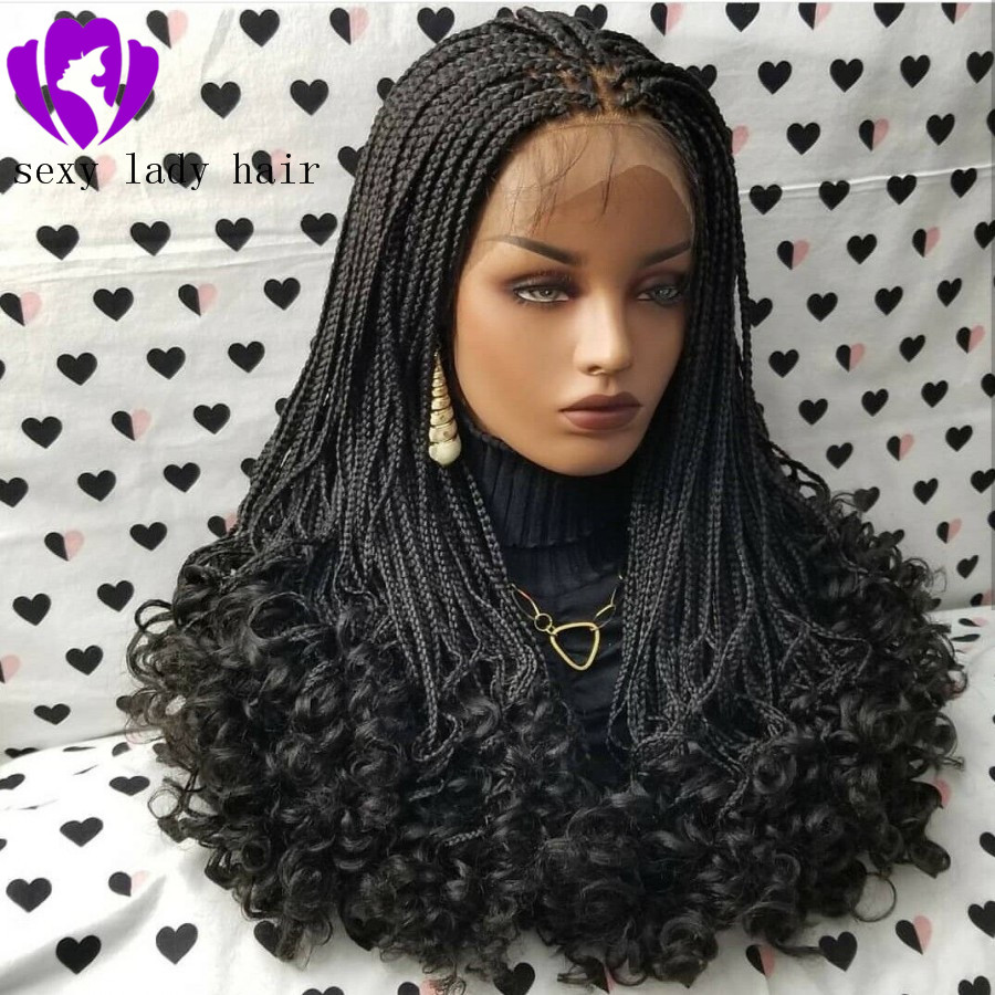 

180density full 24inches black/brown /burgundy box braids wig Fully Hand Ponytail synthetic lace front Goddess Braids wig With Curly Tips, Red
