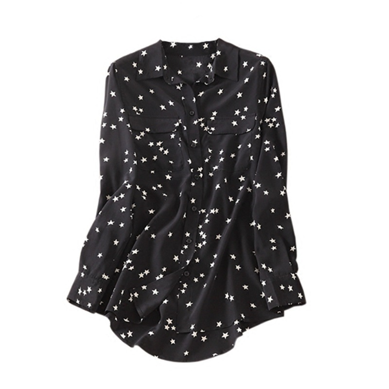 

100% mulberry silk shirt, woman pure silk blouse, black star design lady leisure CDC shirts,  size leisure blouses women