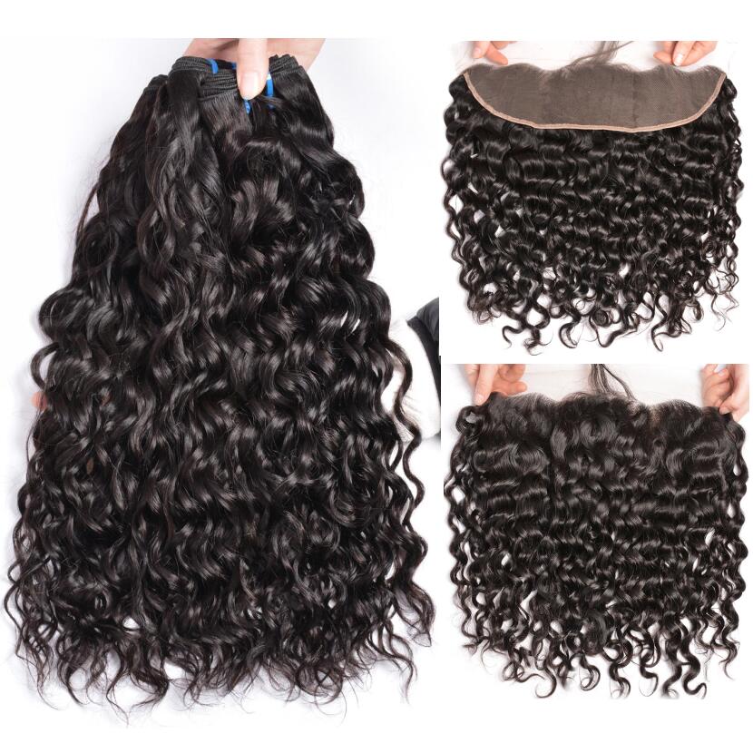 

Wholesale Brazilian Human Hair Weave Water Wave Wet and Wavy Virgin Hair Bundles with 13X4 Ear To Ear Lace Frontal Closure, Natural color