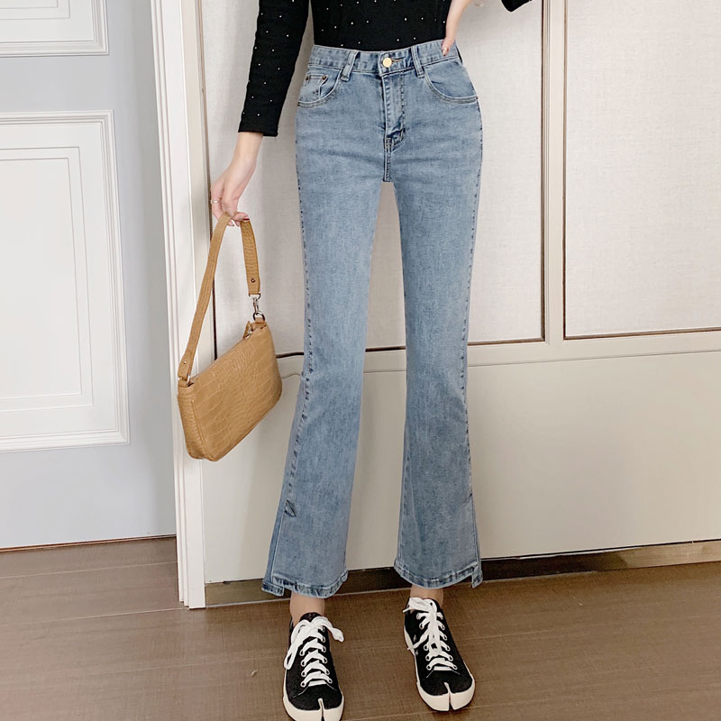 

New Jeans women' high waist was thin and wide legs Slim irregular legs wild stretch nine points micro-flared pants, Blue