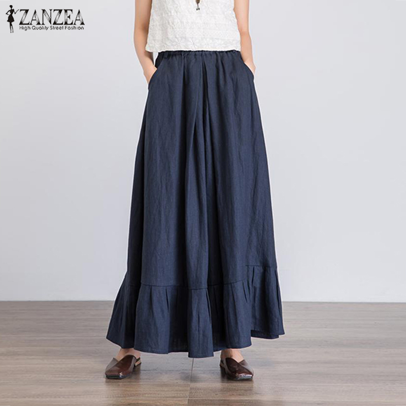 

ZANZEA Women Maxi Long Skirts Summer Elastic Waist Skirts Bohemian Ruffles Skirt Jupe Femme Robe Solid Beach Faldas Saia, Blue
