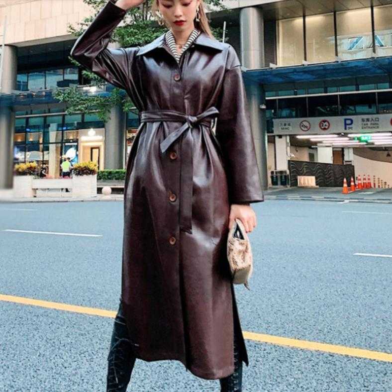 

PU Leather Windbreaker Women 2020 New Spring Velvet Lining Fashion autumn Over-the-knee Loose Leather Trench Coat, Brown