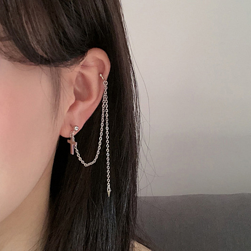 

LISM Real Silver 925 Sterling Silver Cross Clip Earrings Perforated Ear Cuff For Women Party Nightclub Gothic Punk Long Earrings
