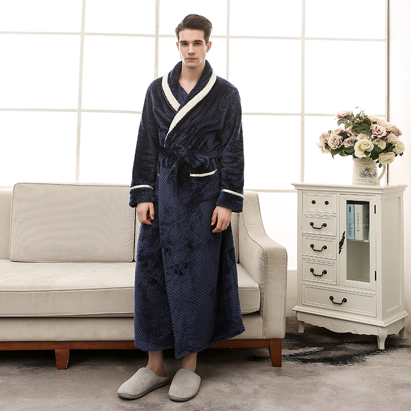 

Winter Flannel Robe Nightgown Mens Coral Fleece Sleepshirt Autumn Thicken Warm Bathrobe Plus Size Long Kimono Lounge Homewear, Navy blue